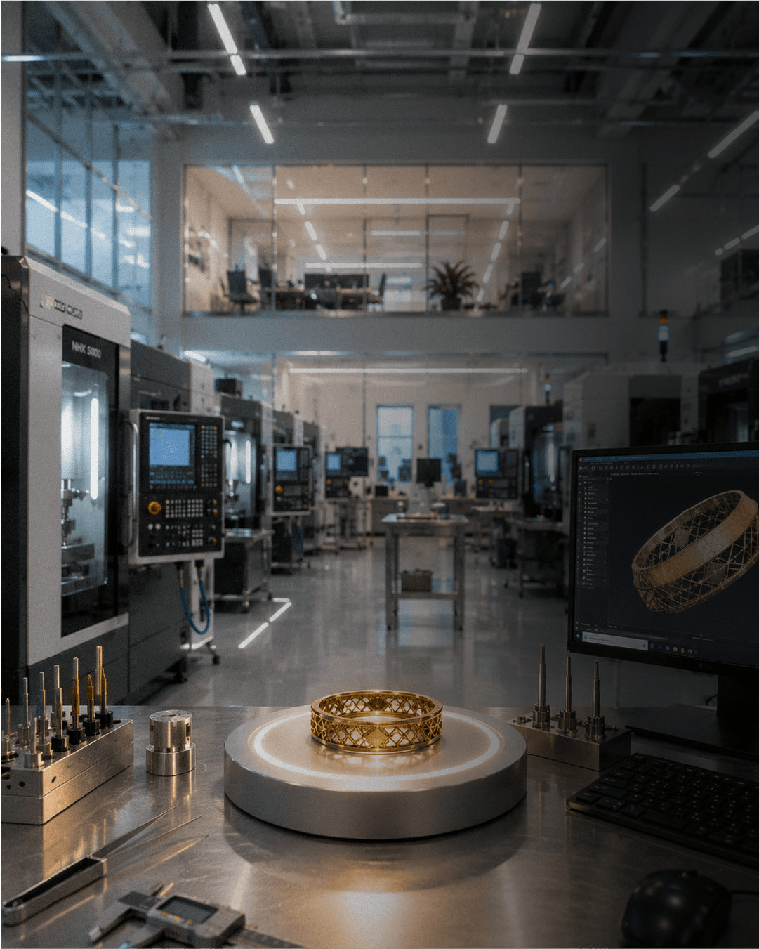 ماكينة CNC بدقة عالية تعمل على قطعة ذهبية — شركة الجودة الوطنية